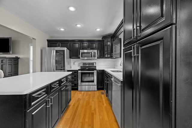 1790 Butterfly Ct, Whitesburg, TN 37891 - kitchen featuring appliances with stainless steel finishes, dark cabinetry, recessed lighting, light countertops, and light wood-style floors