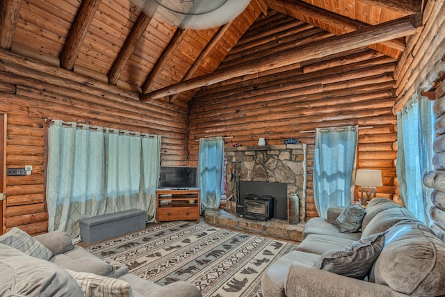 484 Buttermilk Rd, Blountville, TN 37617 - living area with a wood stove, high vaulted ceiling, a wood ceiling with exposed beams, and rustic walls