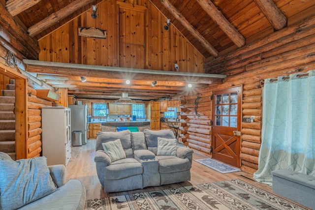 484 Buttermilk Rd, Blountville, TN 37617 - living room with a wooden ceiling with exposed beams, rustic walls, stairway, light wood-style flooring, and high vaulted ceiling