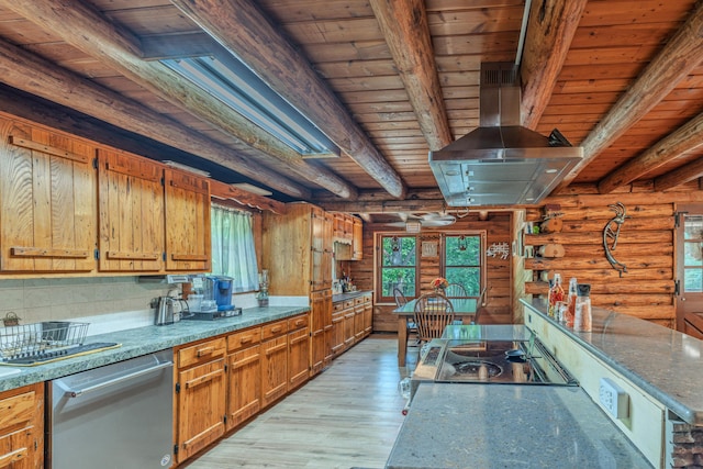 484 Buttermilk Rd, Blountville, TN 37617 - kitchen with appliances with stainless steel finishes, island exhaust hood, a wooden ceiling with exposed beams, light wood finished floors, and rustic walls