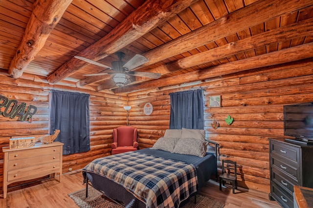 484 Buttermilk Rd, Blountville, TN 37617 - bedroom featuring a wooden ceiling with exposed beams, hardwood / wood-style floors, log walls, and a ceiling fan