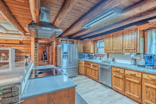 484 Buttermilk Rd, Blountville, TN 37617 - kitchen featuring stainless steel appliances, extractor fan, a wooden ceiling with exposed beams, log walls, and light wood-type flooring