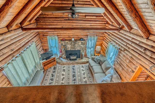 484 Buttermilk Rd, Blountville, TN 37617 - living area with log walls, wooden ceiling, a wood stove, and ceiling fan