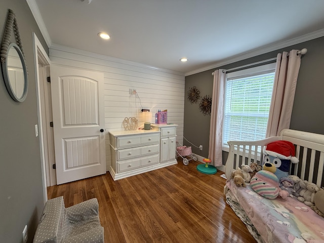 2466 Kidwell Ridge Rd, Morristown, TN 37814 - bedroom with crown molding, dark wood-style floors, recessed lighting, baseboards, and a nursery area