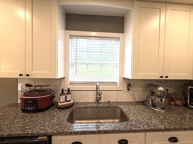 2466 Kidwell Ridge Rd, Morristown, TN 37814 - kitchen featuring a sink, white cabinets, dishwashing machine, and dark stone countertops