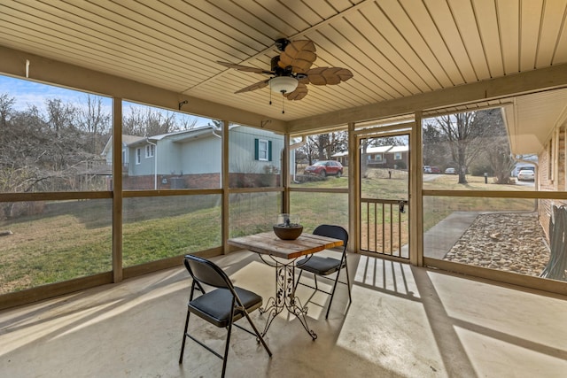 sunroom featuring wood ceiling and ceiling fan