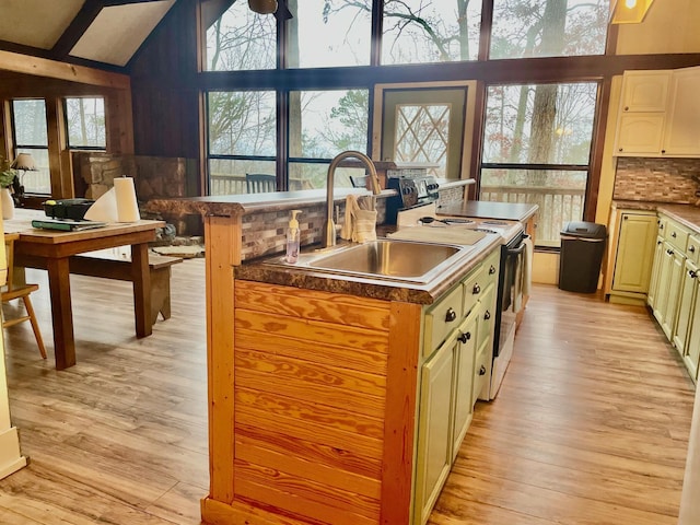 kitchen with light wood-type flooring, electric range, tasteful backsplash, and plenty of natural light