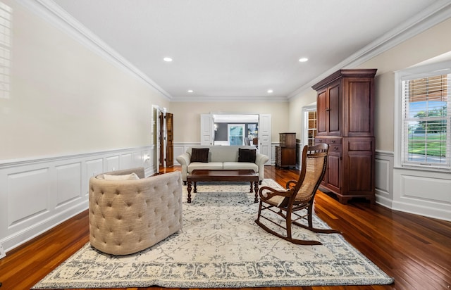 1442 Darbee Dr, Morristown, TN 37814 - living room with wainscoting, a decorative wall, dark wood finished floors, recessed lighting, and ornamental molding