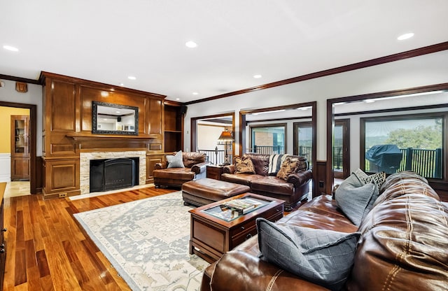 1442 Darbee Dr, Morristown, TN 37814 - living area featuring ornamental molding, a stone fireplace, wood finished floors, and recessed lighting