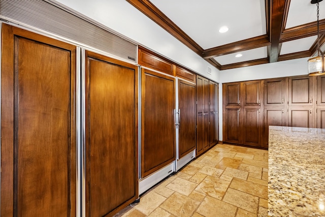 1442 Darbee Dr, Morristown, TN 37814 - kitchen with stone tile floors, beamed ceiling, paneled refrigerator, recessed lighting, and light stone countertops