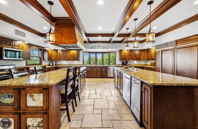 1442 Darbee Dr, Morristown, TN 37814 - kitchen with stainless steel appliances, a spacious island, stone tile floors, recessed lighting, and beam ceiling