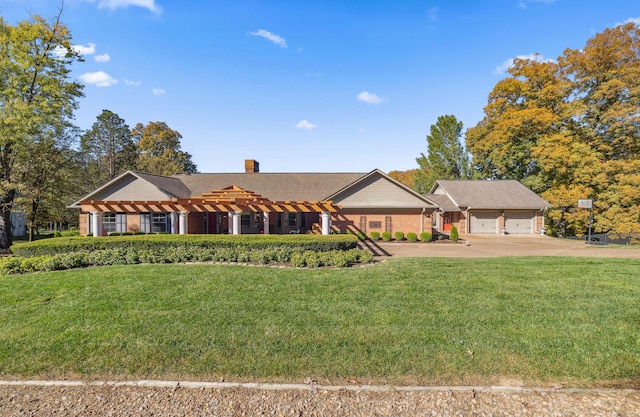 1442 Darbee Dr, Morristown, TN 37814 - ranch-style house with a front lawn, a chimney, a pergola, and driveway