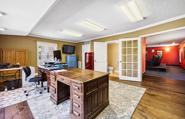 1442 Darbee Dr, Morristown, TN 37814 - office area featuring a textured ceiling, french doors, ornamental molding, and wood finished floors