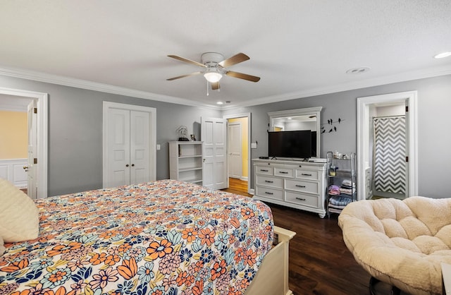 1442 Darbee Dr, Morristown, TN 37814 - bedroom with dark wood-style floors, crown molding, ceiling fan, and recessed lighting