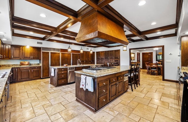 1442 Darbee Dr, Morristown, TN 37814 - kitchen with a large island with sink, coffered ceiling, stainless steel appliances, beamed ceiling, and stone tile flooring