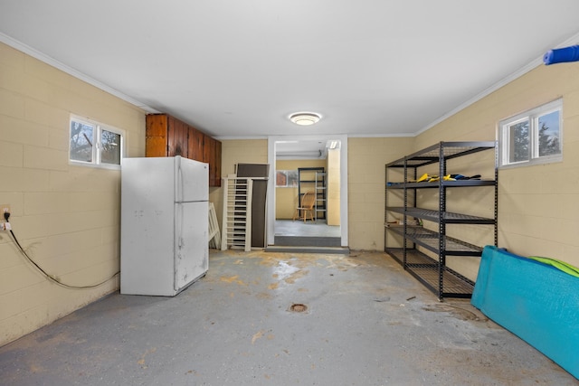 basement featuring white refrigerator and crown molding