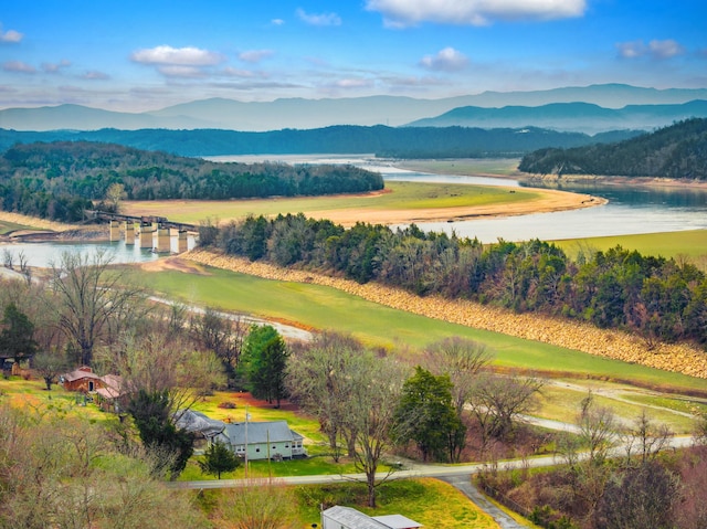 drone / aerial view featuring a water and mountain view