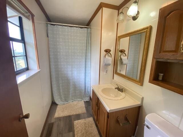 818 Cave Springs Rd, Tazewell, TN 37879 - bathroom featuring vanity, curtained shower, wood finished floors, and ornamental molding