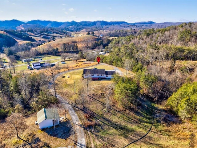 drone / aerial view featuring a mountain view