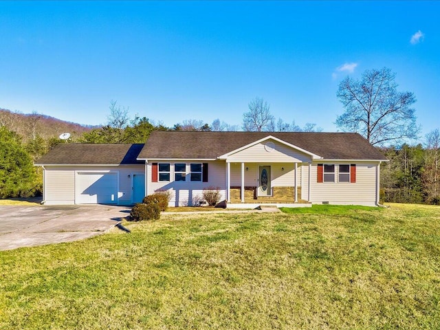 single story home with a porch, a garage, and a front lawn