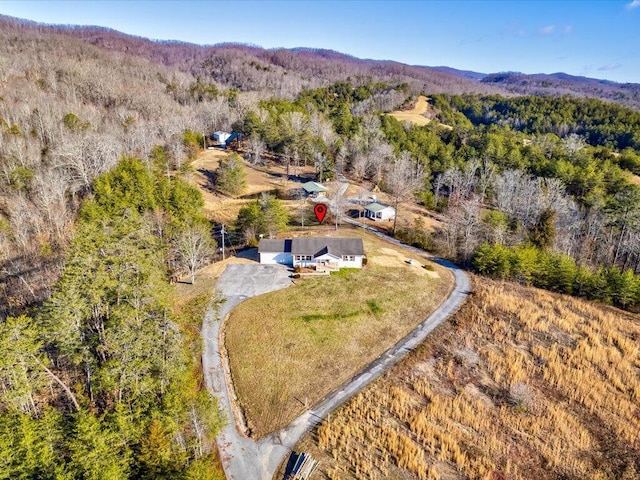 drone / aerial view featuring a mountain view