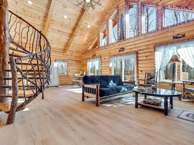 living room with rustic walls, wood ceiling, high vaulted ceiling, beam ceiling, and hardwood / wood-style floors