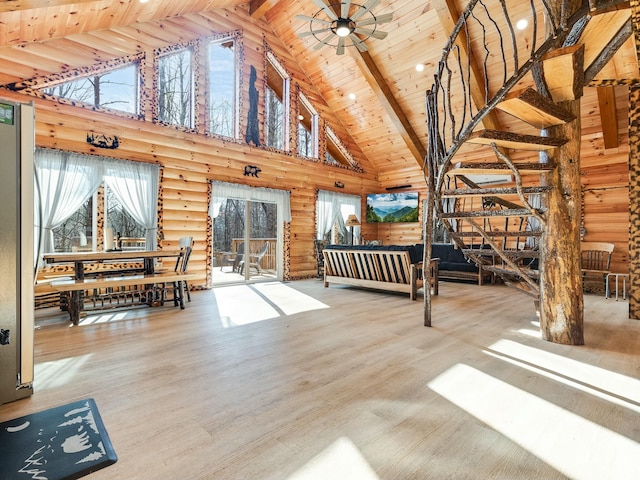 unfurnished living room featuring wood-type flooring, plenty of natural light, and wood ceiling