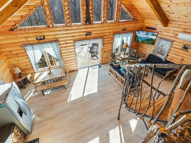 living room with hardwood / wood-style flooring, high vaulted ceiling, wooden ceiling, and beamed ceiling