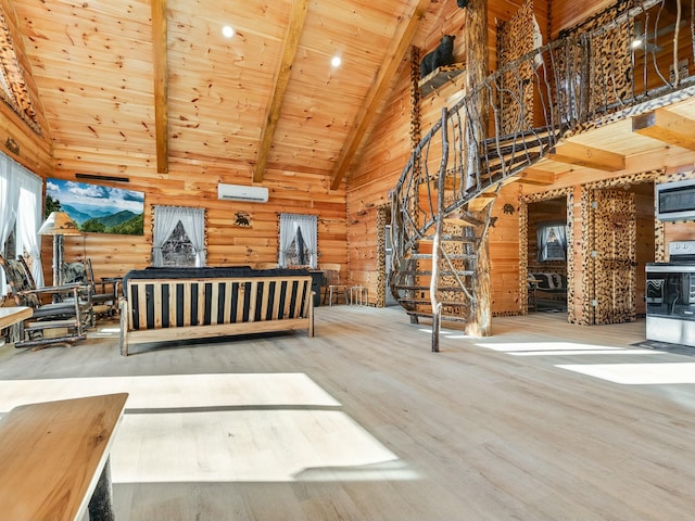 unfurnished bedroom featuring wood walls, high vaulted ceiling, wooden ceiling, hardwood / wood-style flooring, and beam ceiling