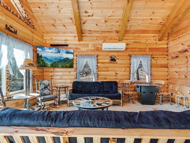 living room with rustic walls, vaulted ceiling with beams, wood ceiling, a wall mounted air conditioner, and hardwood / wood-style floors