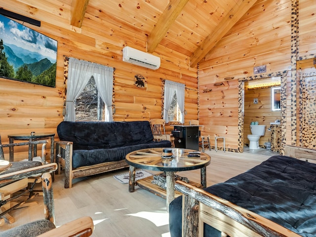 living room with high vaulted ceiling, beamed ceiling, a wall mounted AC, hardwood / wood-style flooring, and wooden ceiling