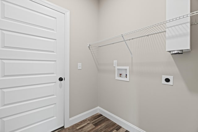 washroom with laundry area, washer hookup, baseboards, dark wood-type flooring, and hookup for an electric dryer