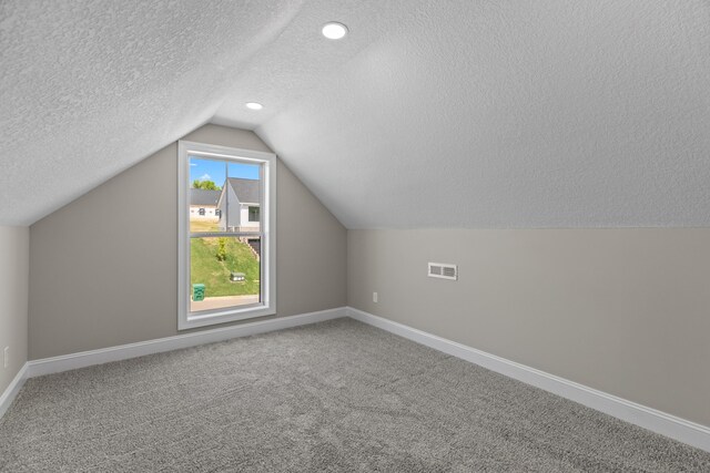 3183 Bridgewater Blvd, Morristown, TN 37814 - additional living space with carpet flooring, a textured ceiling, baseboards, lofted ceiling, and visible vents