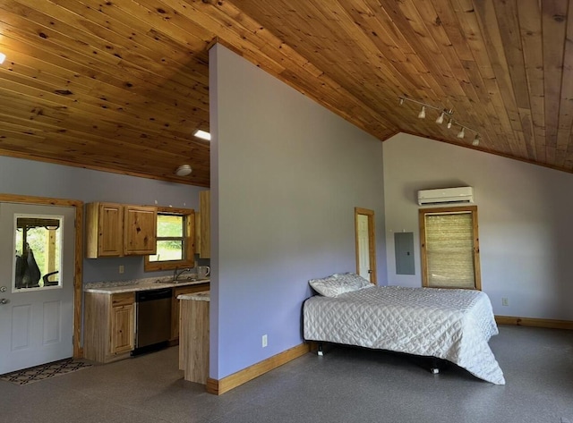 639 Mcguire Rd, New Market, TN 37820 - bedroom featuring wood ceiling, an AC wall unit, electric panel, track lighting, and high vaulted ceiling