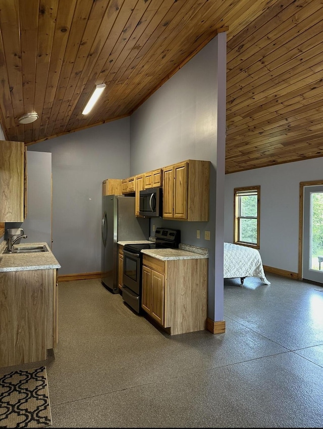 639 Mcguire Rd, New Market, TN 37820 - kitchen featuring stainless steel appliances, light countertops, high vaulted ceiling, and wood ceiling