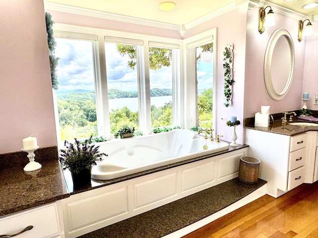 1564 Tranquility Trl, Dandridge, TN 37725 - full bath featuring crown molding, vanity, wood finished floors, a jetted tub, and a water view