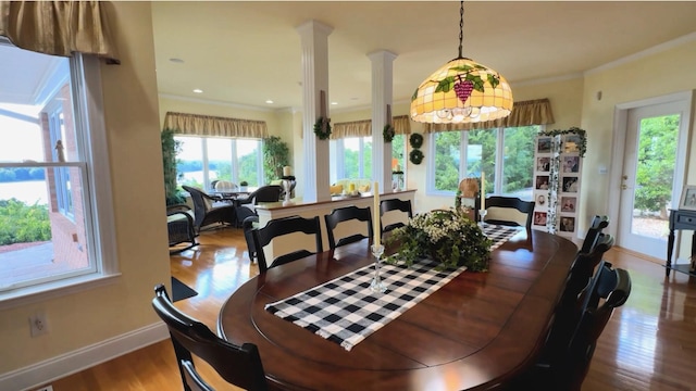 1564 Tranquility Trl, Dandridge, TN 37725 - dining area featuring wood finished floors, baseboards, ornamental molding, and ornate columns