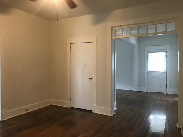 interior space featuring ceiling fan, a closet, and dark wood-type flooring