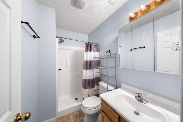 full bathroom featuring shower / bathtub combination with curtain, vanity, toilet, and a textured ceiling