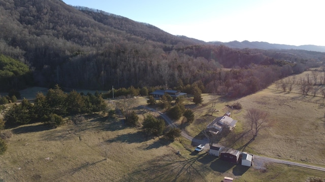 birds eye view of property with a mountain view and a forest view