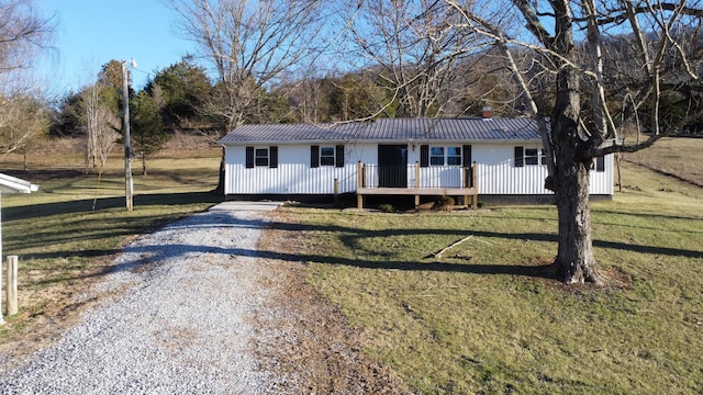 ranch-style house with metal roof, driveway, and a front lawn