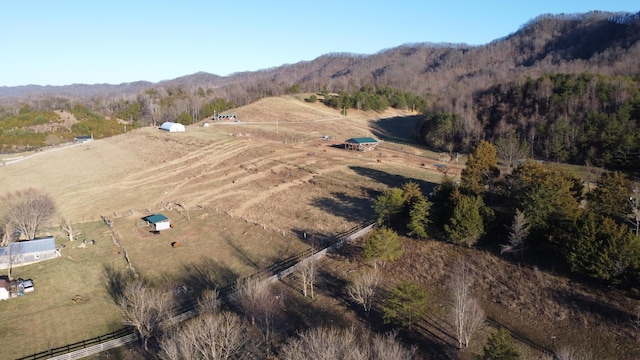 bird's eye view featuring a rural view and a mountain view