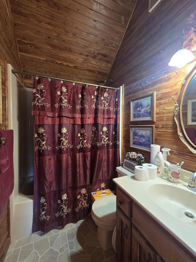 full bathroom featuring vanity, vaulted ceiling, toilet, wood ceiling, and wood walls