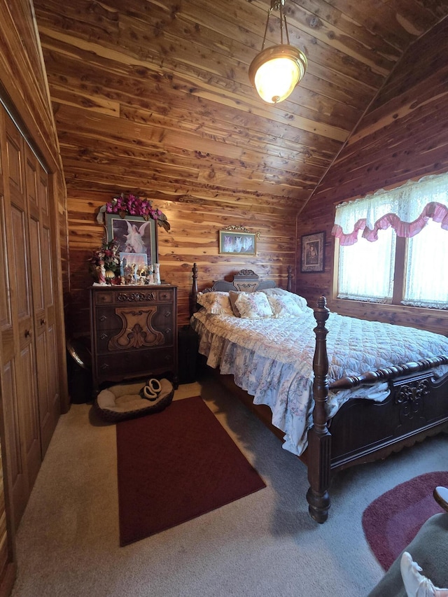 carpeted bedroom featuring wood walls, wooden ceiling, and vaulted ceiling