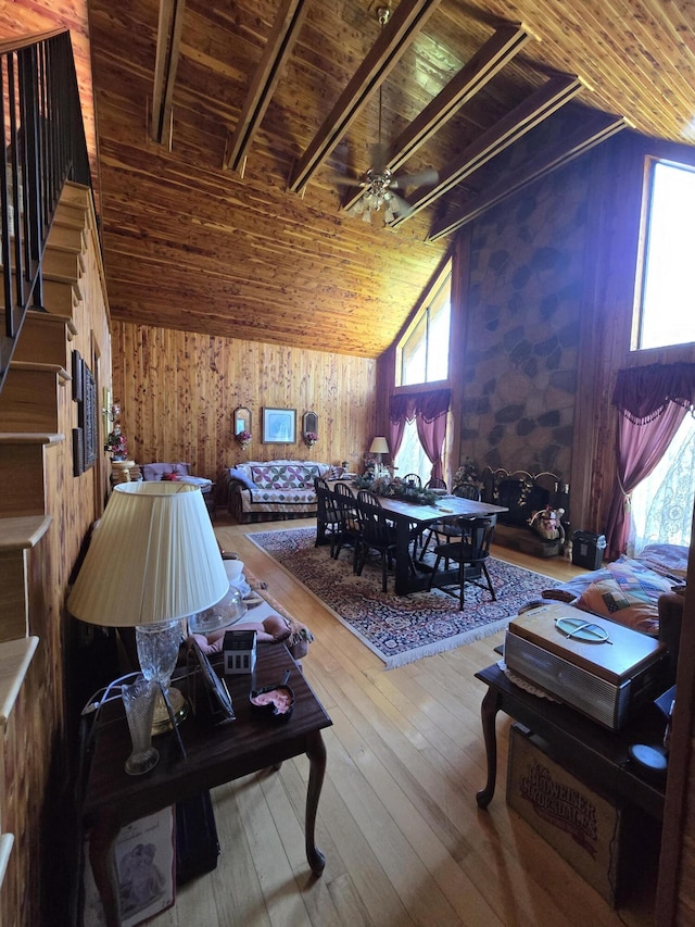 living area with a ceiling fan, vaulted ceiling, wood ceiling, wood walls, and wood-type flooring