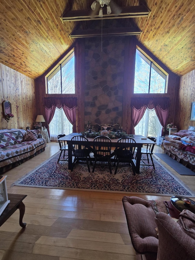 living area featuring wood ceiling, high vaulted ceiling, and wood walls