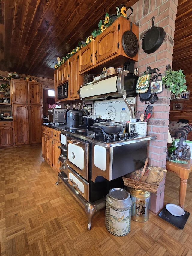 kitchen with brown cabinetry, wooden ceiling, open shelves, and black microwave
