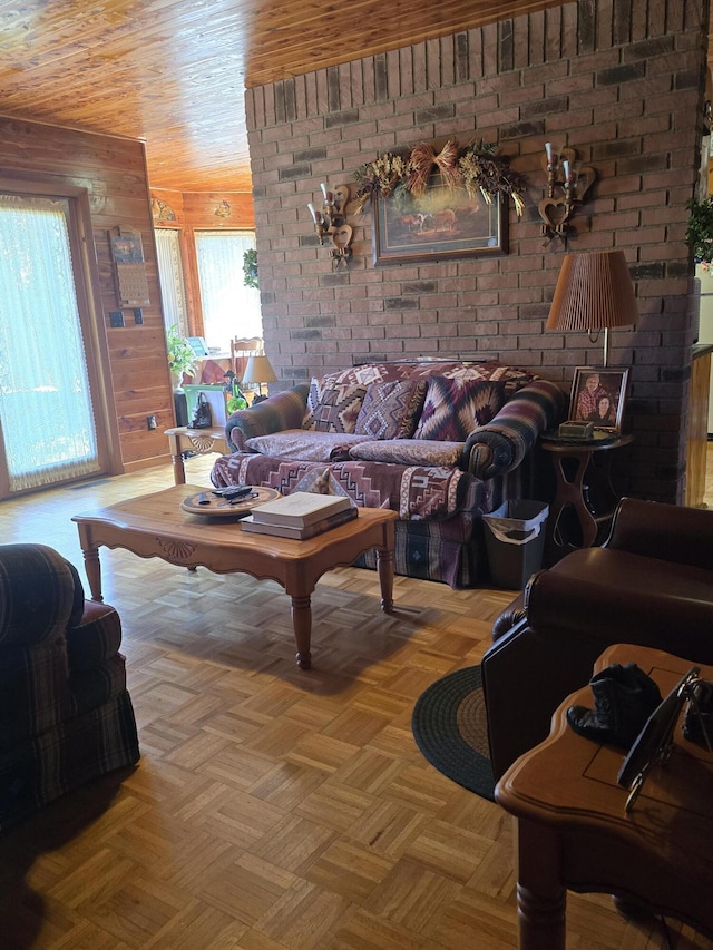 living room featuring wood walls