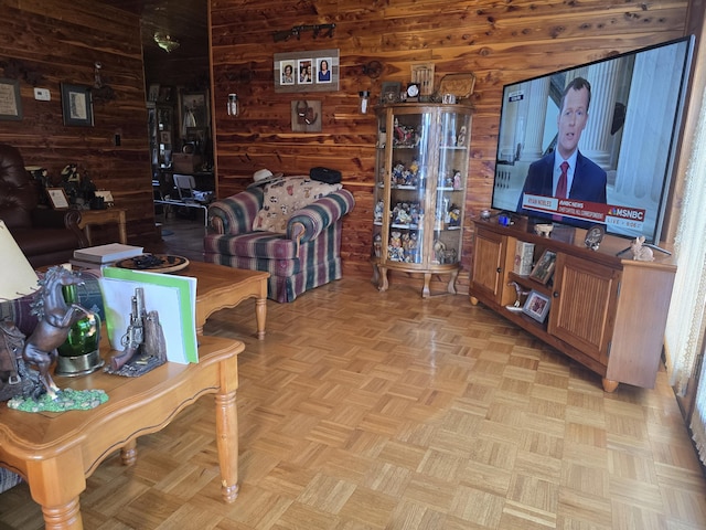 living room featuring wooden walls