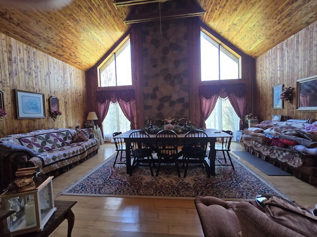 living room with wood walls, high vaulted ceiling, wooden ceiling, and hardwood / wood-style floors